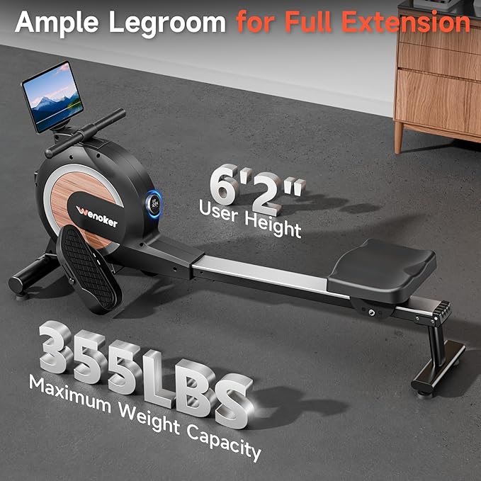 Rowing Machine,Wenoker Magnetic Rower Machine for Home,App Supported 350 LB Weight Capacity, Smooth Whisper Quiet with LCD Monitor Tablet Holder & Comfortable Seat Cushion, Compact and Saves Space