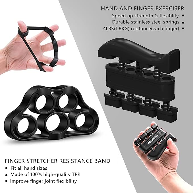 Hand Grip Strengthener Kit - Ultimate Hand Exerciser Set for Forearm Workout, Adjustable Grip Strength Trainer, Stress Relief Ball, Exercise Ring, Training and Recovery (Frosted Black)