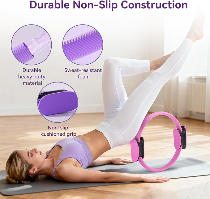 Pilates Kit for Women,15 Inch Magic Circle, 6 Multi-Level Resistance Bands,Yoga Ball Socks, Back Neck Stretcher ,14-Piece Full Body Toning Pilates Equipment for Beginners, 15 Min Daily Routine