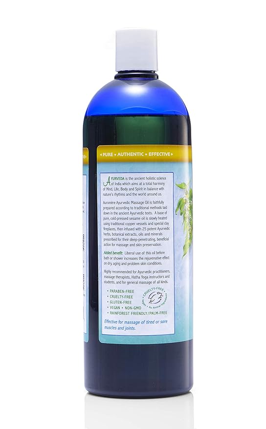Auromere Ayurvedic Massage Oil - Vegan, Cruelty Free, Natural, Non GMO, with Cold-Pressed Sesame Oil Infused with 25 Herbal Extracts (32 fl oz), 1 Pack