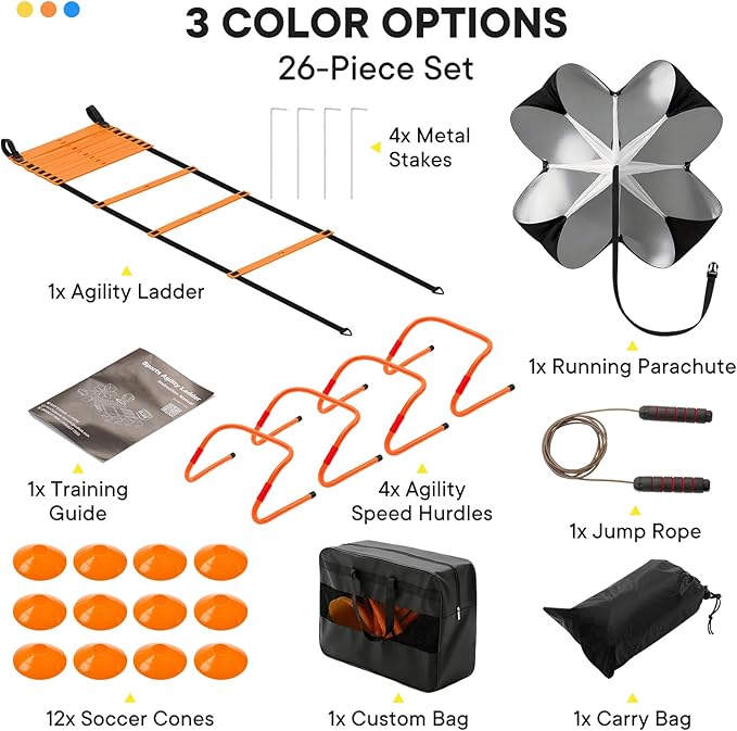 OLIXIS Soccer Agility Training Equipment Set- 20 ft Speed Ladder, 12 Soccer Cones, 4 Agility Hurdles, Jump Rope, Resistance Parachute Speed Training Equipment for Kids, Youth, Adults