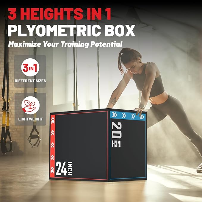 papababe 3-in-1 Plyometric Jump Box Workout Equipment, Box Jumps for Home Gym, Trainer with Anti Slip Surface and High Density Foam, Box Height: 20", 24", 30"