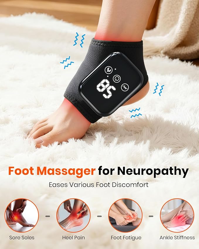 Foot Renew Massager for Neuropathy, 3-in-1 Cordless & Portable Foot and Ankle Massager for Heel, Arch & Ankle Relief, 3-Level Vibration & Heat, Ideal Gift, Includes Extension Strap (Black)