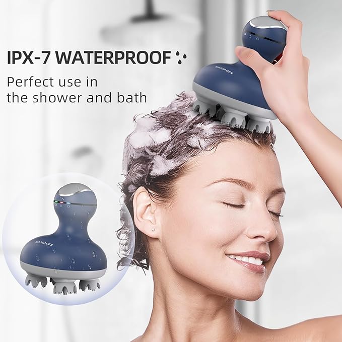 cotsoco Electric Scalp Head & Back Massager, Cordless Hair Massage Waterproof Head Massager with 4 Heads 84 Nodes for Hair Growth, Stress Relief & Deep Clean, Gifts for Men Women, Blue