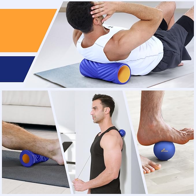 Sportneer 4 in 1 Foam Set, Muscle Relax Kit with 2 Textured Foam Rollers, Stringed Exercise Ball, Lacrosse Ball for Muscle Shoulder Back Leg Whole Body Relax Fitness Yoga