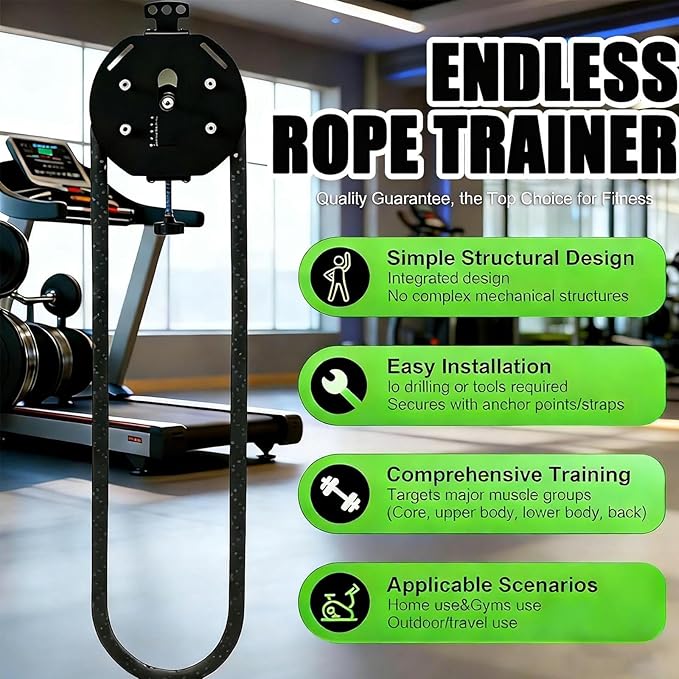 Endless Rope Trainer with Adjustable Resistance Suspension Pulley System for Home Gym Interval Strength Training
