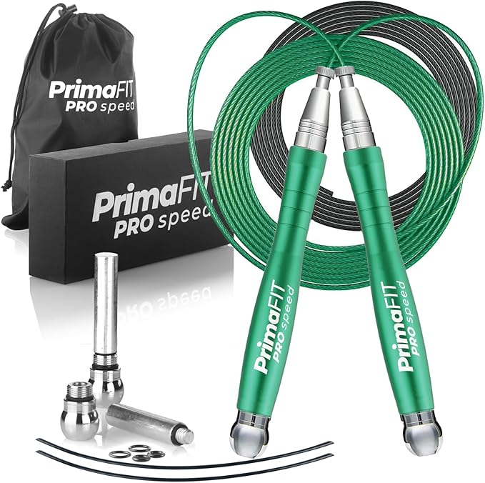PrimaFIT Jump Rope Pro Speed Skipping Rope Adjustable Adult Jumping Rope Weighted Aluminium Handles for Double Dutch Boxing Workout Crossfit Exercise Fitness Spare Cable Weights Protectors Carry Bag