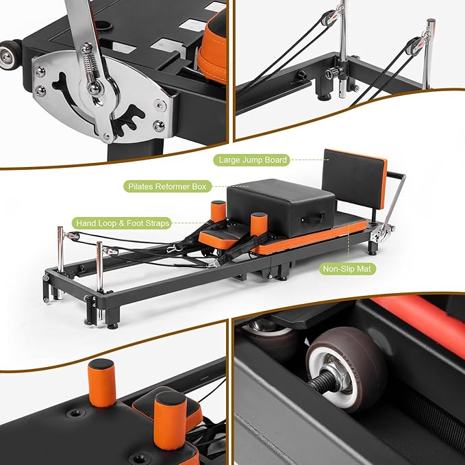 Pilates Reformer, Foldable Pilates Machine for Home Use and Gym Workout, Suitable for Advanced and Beginners Users,Pilates Equipment with Sitting Box, Jump Board ,Up to 500 LBS
