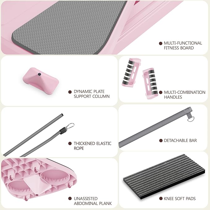Pilates Board Pilates Reformer Set, Multifunctional Pilates Board for Home Workout, Foldable Abs Core Trainer Board,Pilates Board for Women, Men & Beginners for Full-Body Workouts Pink