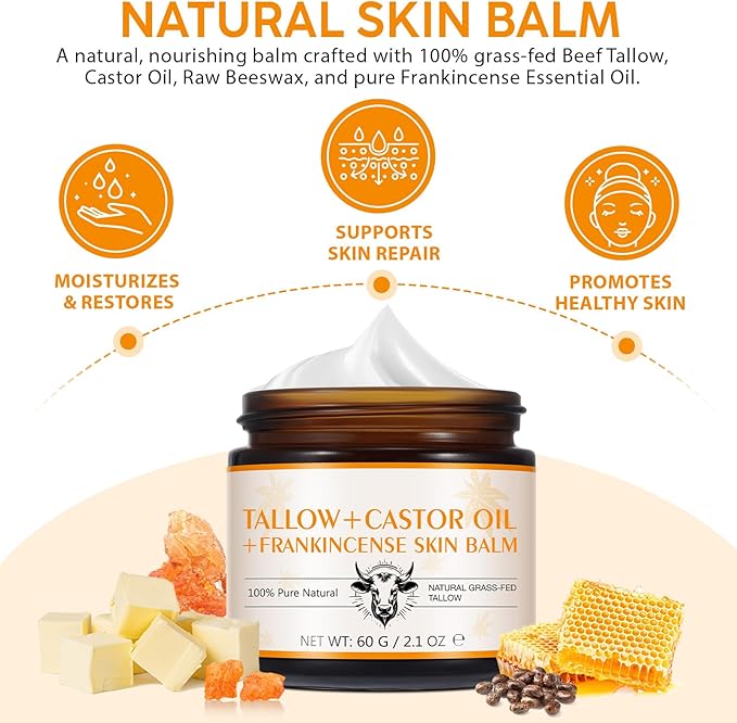 Frankincense Oil Massage Balm for Muscle/Joint Soothing/Relief, with 100% Grass-Fed Beef Tallow & Castor Oil Moisturizer for Face/Foot Hydrating, Anti-Aging, Lifting/Firming, 100% Natural,2.1 Oz/60 G