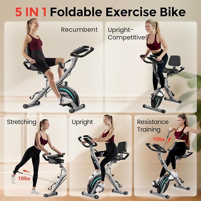 Pleny Folding Exercise Bike, 5 IN 1 Stationary Bikes for Home 6.6 LBS Flywheel, 330LB Weight Capacity Back Support Cushion Indoor Workout Cycling Bike for Home Gym