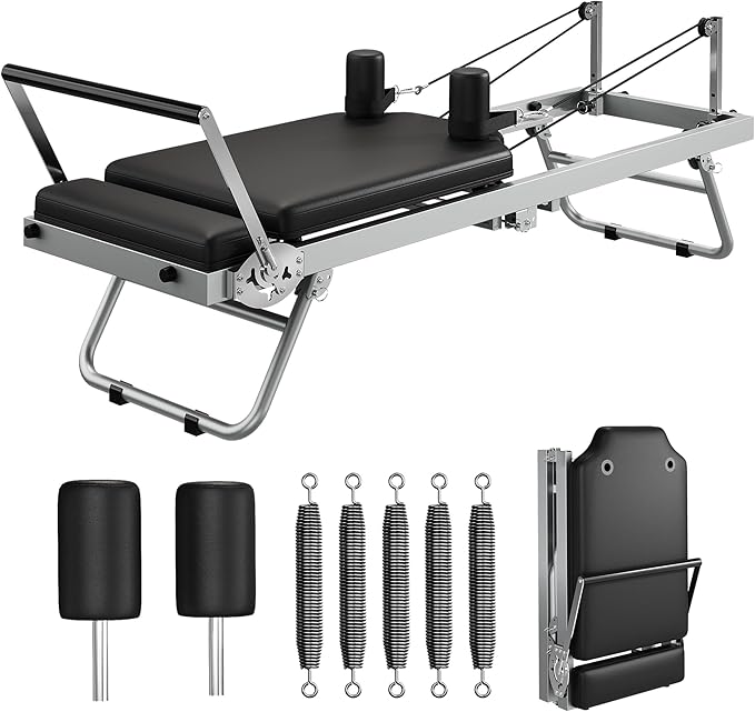 Collapsible Pilates Reformer for Home Gym – Adjustable Machine with 5 Metal Springs – High Strength Cords – Wide Platform – Supports up to 450 lbs – Portable Pilates Equipment for Women & Beginners