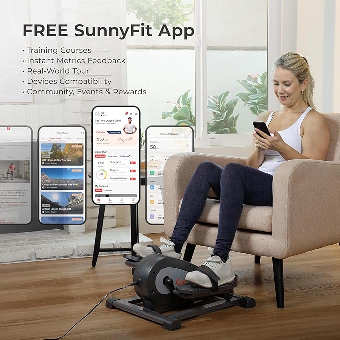 Sunny Health & Fitness Under Desk Pedal Elliptical Machine, Adjustable Resistance Leg Exerciser Home Workout While Sitting for Seniors, Optional Motorize or in Pink with SunnyFit App via Bluetooth