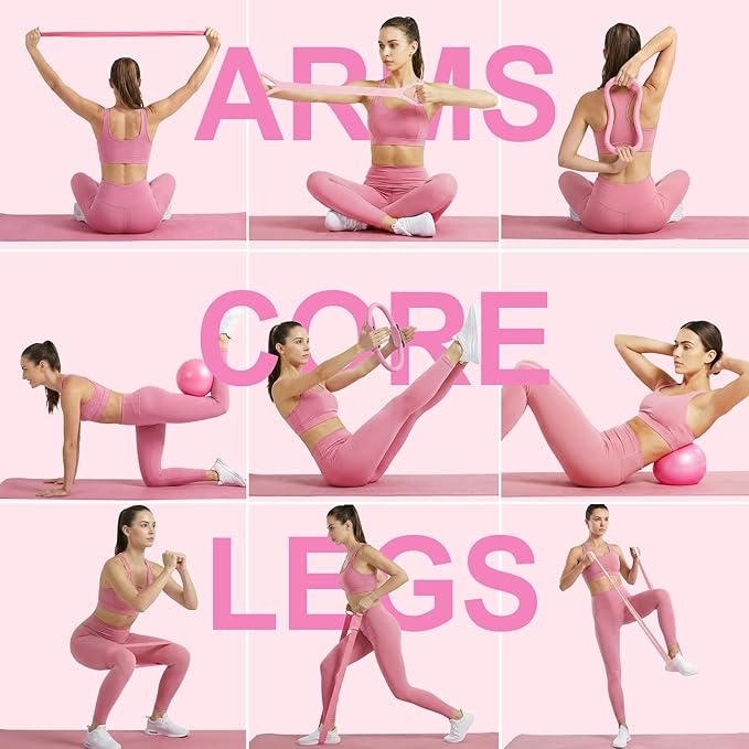 Home Pilates Ring and Ball Set for Women with 5 Resistance Bands 13 inch Magic Circle Workout Starter Kit for Beginners Full Body Toning 15 Min Daily Routine