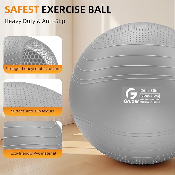 Gruper Yoga Ball, Extra Thick Non Slip Exercise Ball for Workout, Birthing, Balance, Stability, Pregnancy, 4 Sizes Anti Burst Chair for Home and Office, Includes Quick Pump & Fitness Guide