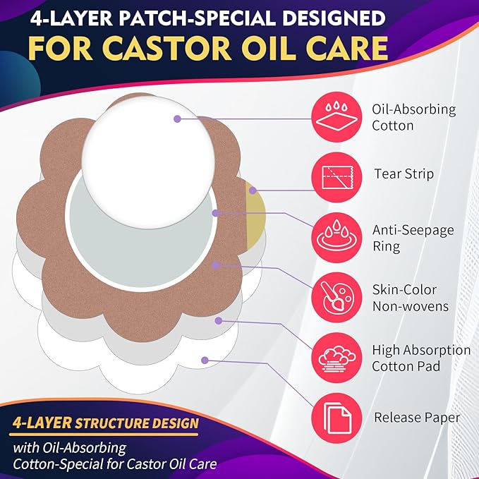 Castor Oil Pack Wrap Patch - Organic Cotton Castor Oil Belly Button Patch, Disposable Self-Adhesive Abdominal Pads, Portable Anti Leakage High Absorbent Patch for Multi-Area Use 50Pcs