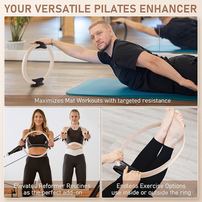 Pilates Ring, 15-Inch Magic Circle with Extra Thick Padded Handles, Pilates Equipment for Toning Inner Thighs, Arms and Strengthening Cores- Workout Guide Included