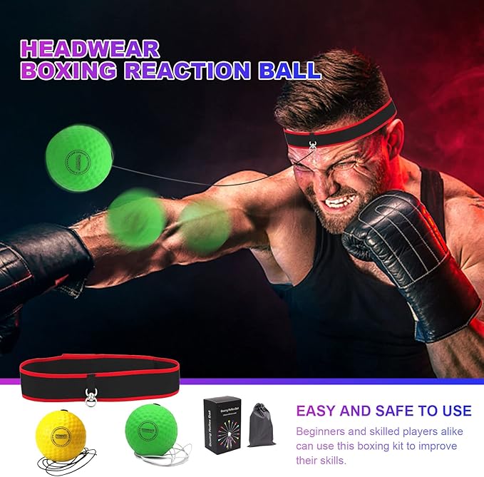 Boxing Reflex Ball, Headband Boxing Reaction Ball, Hand Eye Coordination Punching Speed Training Recreation Balls, Punch Ball Reflex Ball with Carry Bag for Teens Adults (2 Balls + 1 Headband)