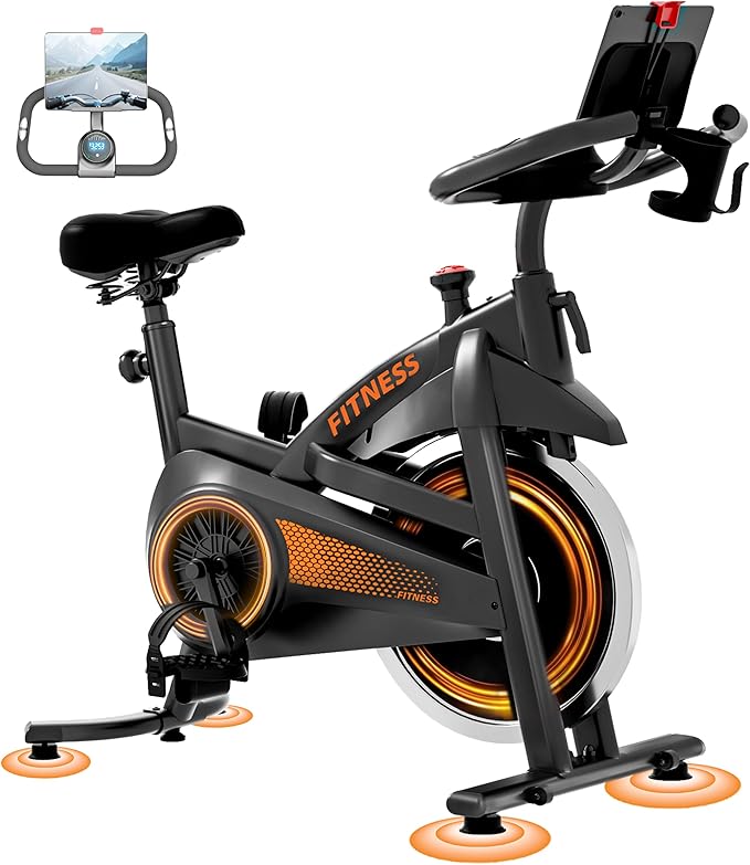 UMAY Exercise Bike,Brake Pad Stationary Bike for Home with Exclusive App, Silent Belt Drive Stationary Workout Bike for Home with Comfort Seat, Low Noise Indoor Cycling Bike with Heart Rate / Tablet & Bottle Holder, 300 LBS Capacity