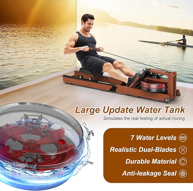 Water Rowing Machine for Home Use- Foldable Rower Machine 400LBS Weight Capacity with Dedicated Monitor & Comfortable Seat, Bluetooth APP