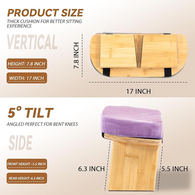 Meditation Bench, Bamboo Meditation Stool, Folding Kneeling Meditation Bench, Seiza Prayer Bench, Prayer Bench with Meditation Cushion, Kneeling Stool(Purple)