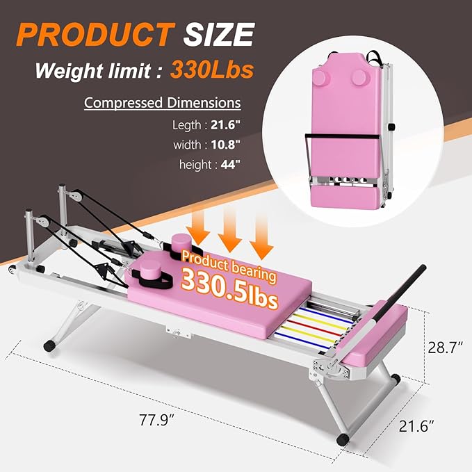 Pilates Core Bed, Foldable Home, Yoga Studio with Commercial Fitness Equipment, Pink