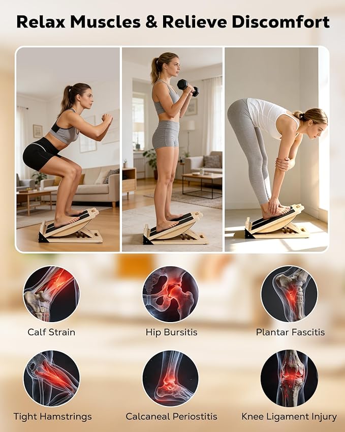 MoKo 2-in-1 Wooden Slant Board & Balance Board, 4 Adjustable Inclines Calf Stretcher for Knees, Ankles, Heels, Feet and Legs, Non-slip Stretch Boards Support up to 220lbs