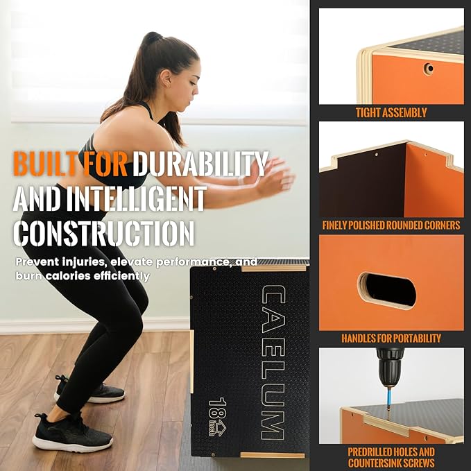 CAELUM 3-in-1 Wood Plyo Box - Non-Slip Plyometric Jump Box for Home & Gym, 400lbs Bearing Fitness Launch Box for Jumping Squats Step-ups Strength Training