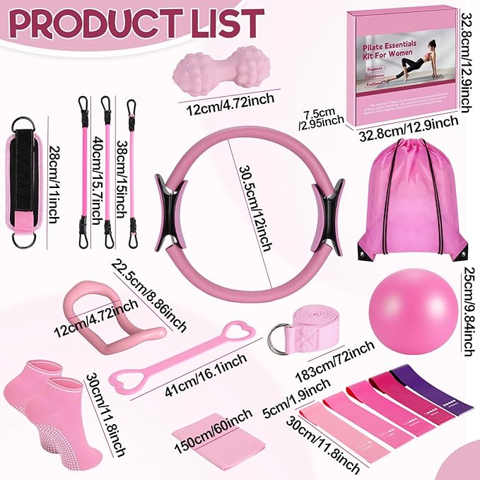 19 Pack Pilates Ring Set for Womem, Home Workout Equipment with 12 inch Magic Circle Pilates Ring and Ball Set, 5 Resistance Bands, Magic Circle, Grip Socks & Accessories for Full Body Toning