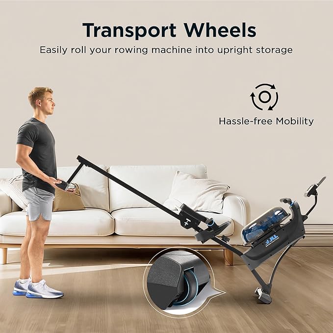 JLL Magnetic Rowing Machine – Foldable Rower for Apartments & Home Gyms, 16 Resistance Levels, Bluetooth with SunnyFit App, Easy-Glide Wheels, Tilt-to-Store Upright Design