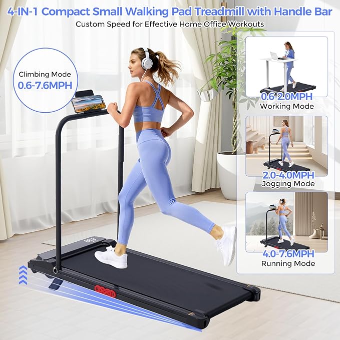 Electric Treadmills for Home with Incline, Walking Pad Treadmill with Handle Bar, 0.6-7.6MPH Portable Small Treadmills with Handles for Home Small Spaces, 3.0HP Walking Pad with Incline and 350LBS