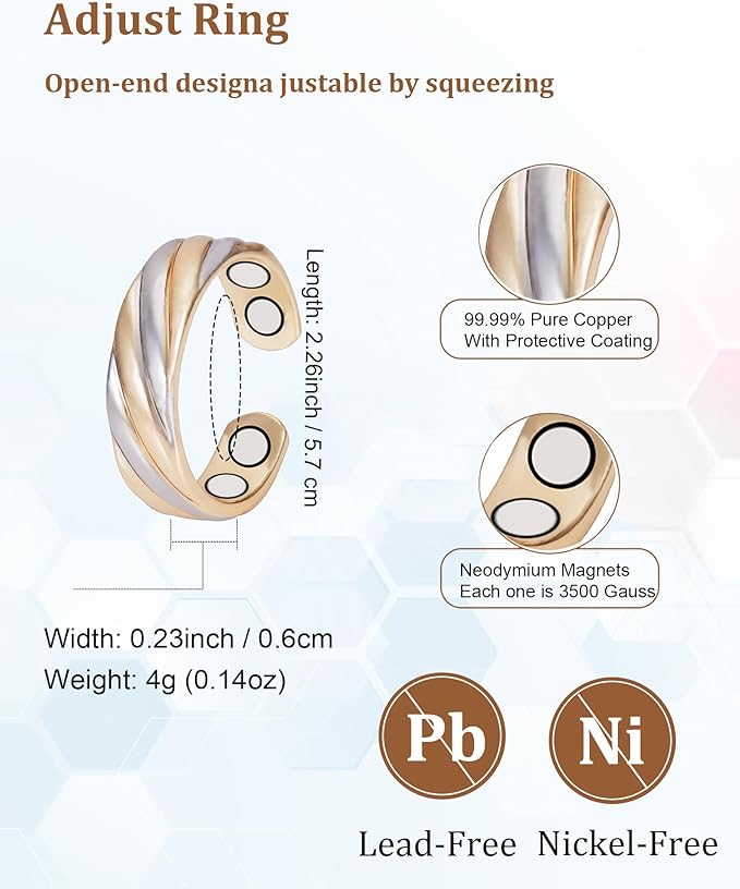 Copper Rings for Women, 99.9% Set Solid Copper Adjustable Magnetic Ring, Fashion Jewelry Present (0169 0948)