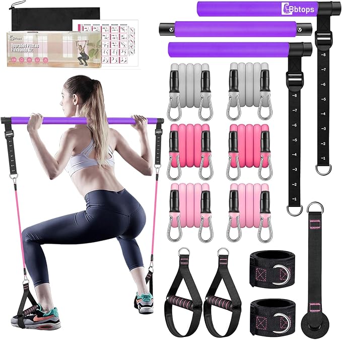 Pilates Bar Kit with Resistance Bands,Pilates Bar with Stackable Bands Workout Equipment for Legs,Hip,Waist and Arm,Exercise Fitness Equipment for Women & Men Home Gym Yoga Pilates