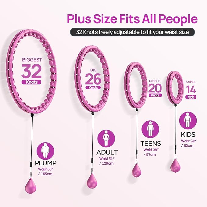 Weighted Exercise Hoop Plus Size 32 Detachable Knots, No Falling Smart Huula Hoop for Adults & Beginners, 2 in 1 Abdomen Fitness Massage with Auto Spinning Ball - Purple