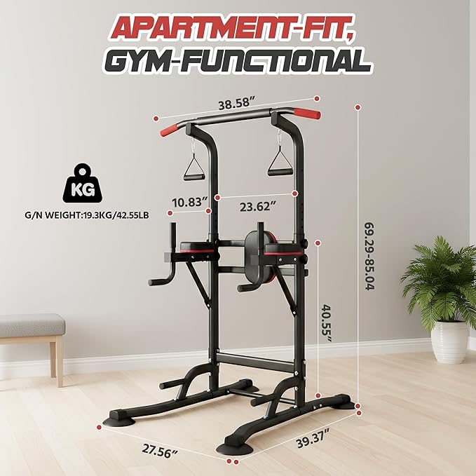 Power Tower Pull Up Bar Free standing with Resistance Bands, 350LBS Heavy Duty Alloy Steel Dip Station for Home Gym Strength Training, Adjustable Height Workout Equipment