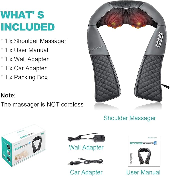 Medcursor Neck Massager, Portable Electric Shiatsu Back Massage Device with Heat, Deep Tissue 3D Kneading Pillow for Muscle Pain Relief (No Battery)