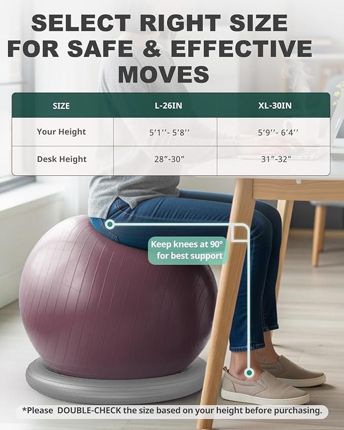 Trideer Exercise Ball for Office Desk, Yoga Ball Chair to Relieve Back Pain, Stability & Fitness Ball Seat with Base, Home Gym Core Workout, Abs, Stretching & Therapy