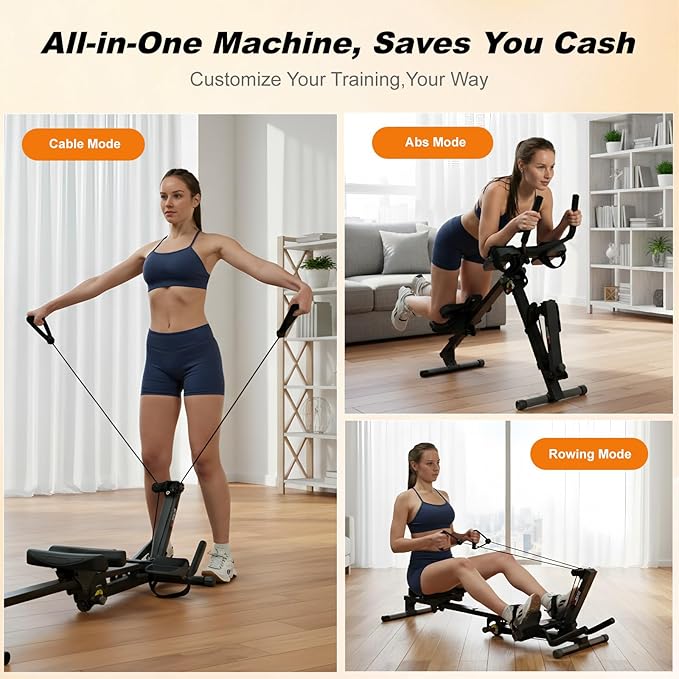 TOUSAINS 3 in 1 Ab Machine, Foldable Rowing Machine & Cable System, Core Trainer for Abdominal Workout, 4-Level Height & 2 Resistance Levels, All-in-One Home Gym Equipment for Weight Loss & Sculpting
