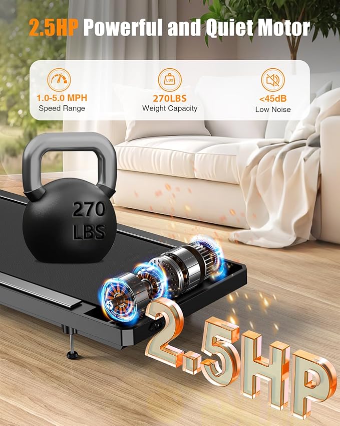 Walking Treadmill Pad with Incline - Portable Under Desk Treadmill, Walking Mat Pad with Handle Bar, 2.5HP Low Noise, 2 in 1 Treadmills for Home Office, Remote Control with LED