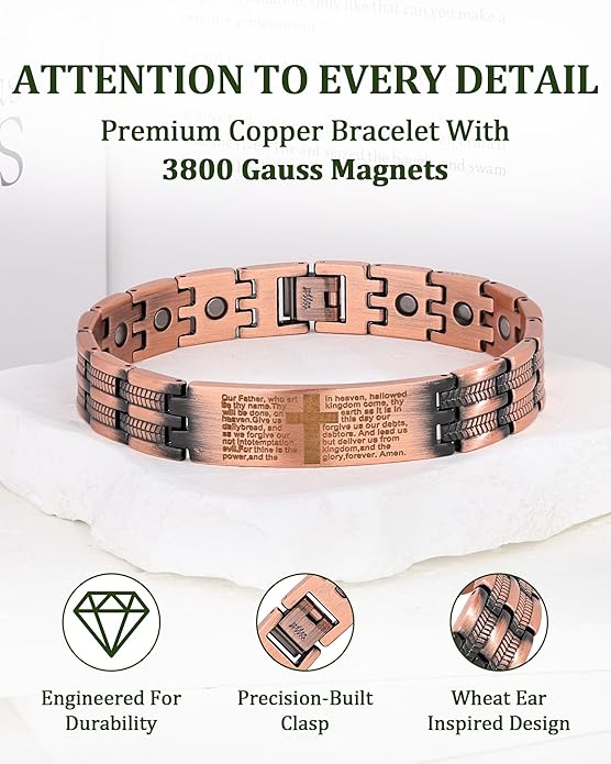Magnetic Bracelet and Ring Set for Men, 99.99% Pure Copper Jewelry, Adjustable Cross & Celtic Knot Design, Gift for Dad