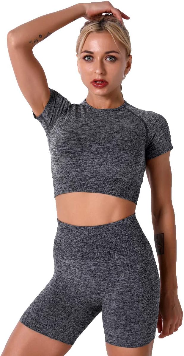 IMEKIS Women's Yoga Outfit Seamless Workout Set High Waist Exercise Shorts Pants with Sport Crop Top Bra 2PCS Gym Tracksuits