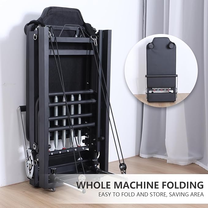 Foldable Pilates Reformer, Home Fitness Pilates Machine, Aluminum Sliding High Platform Design, 120kg Load Capacity Portable Roller, 197cm Multifunctional Yoga Studio Exercise Equipment