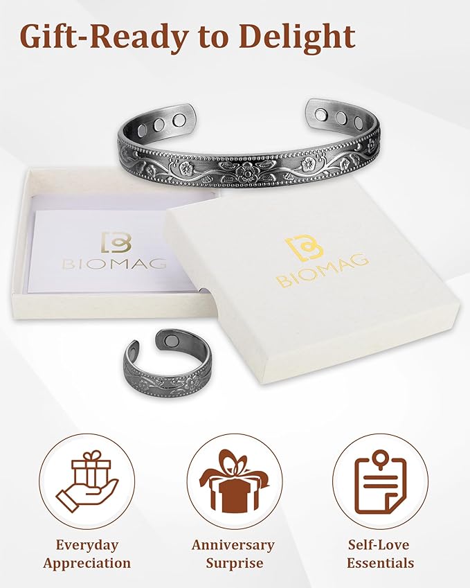 BioMag Copper Bracelet & Ring for Women, 99.99% Pure Copper Magnetic Bracelet Lymphatic Drainage Rings with 3500 Gauss Magnets, Adjustable & Flower Pattern (Antique Silver-A)