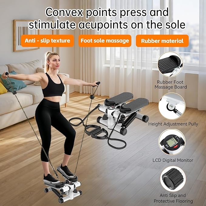 Steppers for Exercise at Home, Mini Stepper with Resistance Bands, Hydraulic Fitness Stepper with LCD Monitor, 360LBS Weight Capacity Portable Stair Stepper for Small Spaces