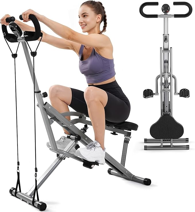 Squat Machine for Home Gym, 2 in 1 Squat Rowing Machine with Adjustable 4 Resistance Bands, Foldable Core Exercise Machine, Arm Glute & Leg Cardio Workout Machine