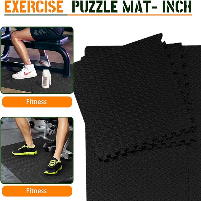 GWT Home Gym Flooring Tiles, EVA Interlocking Puzzle Exercise Mat for Workout Equipment, Floor Protection & Kids Play Area, Black Foam Tiles, 24"x24", 0.4 Inches Thick Covers 48 Sq Ft (12 Tiles)