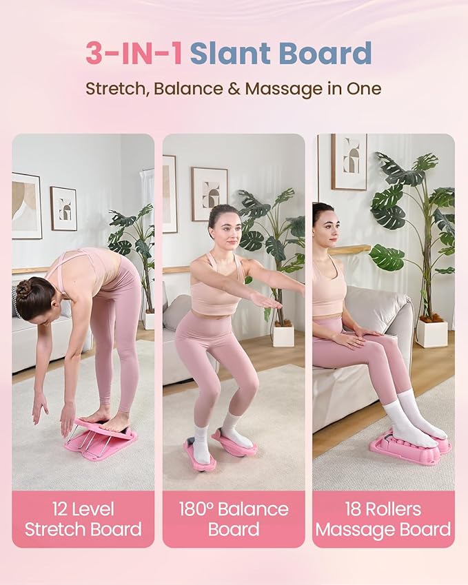 Slant Board, 3 in 1 Calf Stretch Board with Foot Massager & Resistance Bands, 12-Level Adjustable Incline Calf Stretcher for Relieving Calf Ankle Achilles Pain, Balance Exercise Trainer