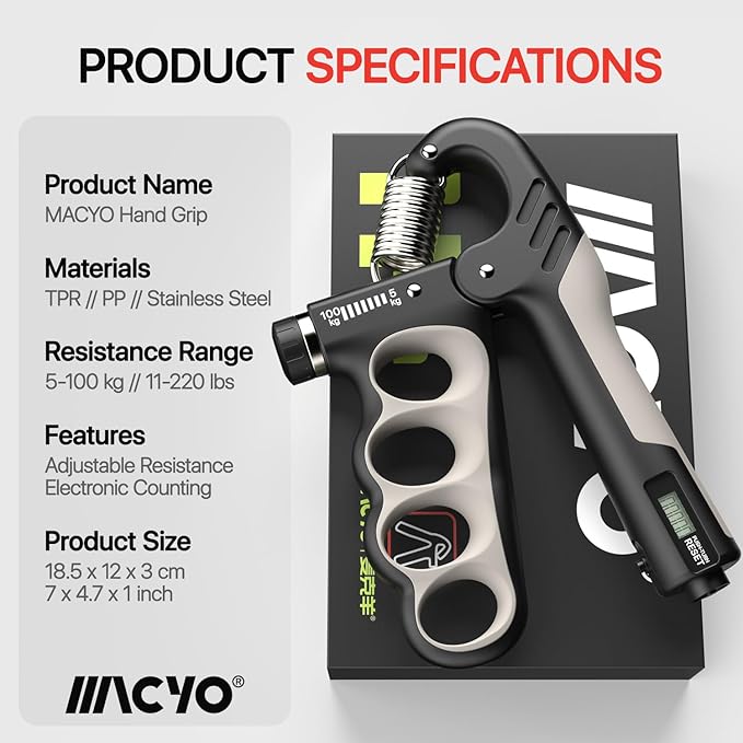 MACYO Grip Strength Trainer with Wider Handles - Adjustable Hand Grip Strengthener 11-220Lbs(5-100KG) for Large Hands, Automatic Counter & Ergonomic Design, Comfortable Forearm Workout for Athletes, Injury Recovery