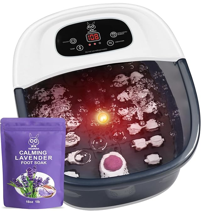 Foot Spa Bath Massager with Heat Bubbles and Vibration Massage and Jets, 16 OZ Calming Lavender Foot Soak Epsom Salt, Foot Soaker with Red Light, 22 Massage Rollers, Adjustable Temp - Grey