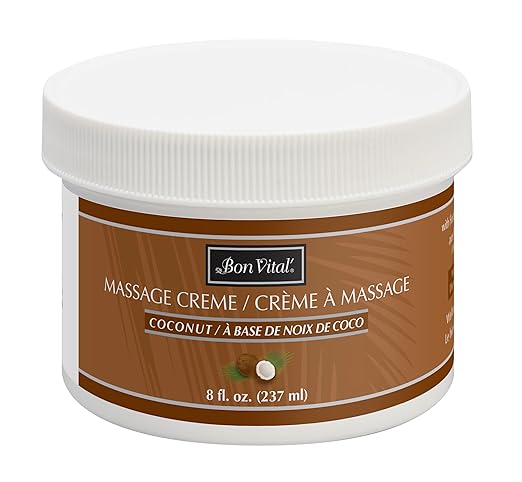 Bon Vital' Coconut Massage Creme Made with 100% Pure Fractionated Coconut Oil, Moisturizer to Repair Dry Skin, No Greasy Feel, Anti-Aging Cream for Professional Massage, 8 Ounces (Packaging May Vary)